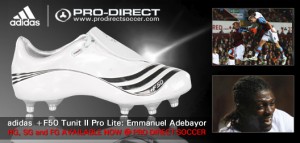 Arsenal’s Emmanuel Adebayor, endorser for Adidas soccer shoes.